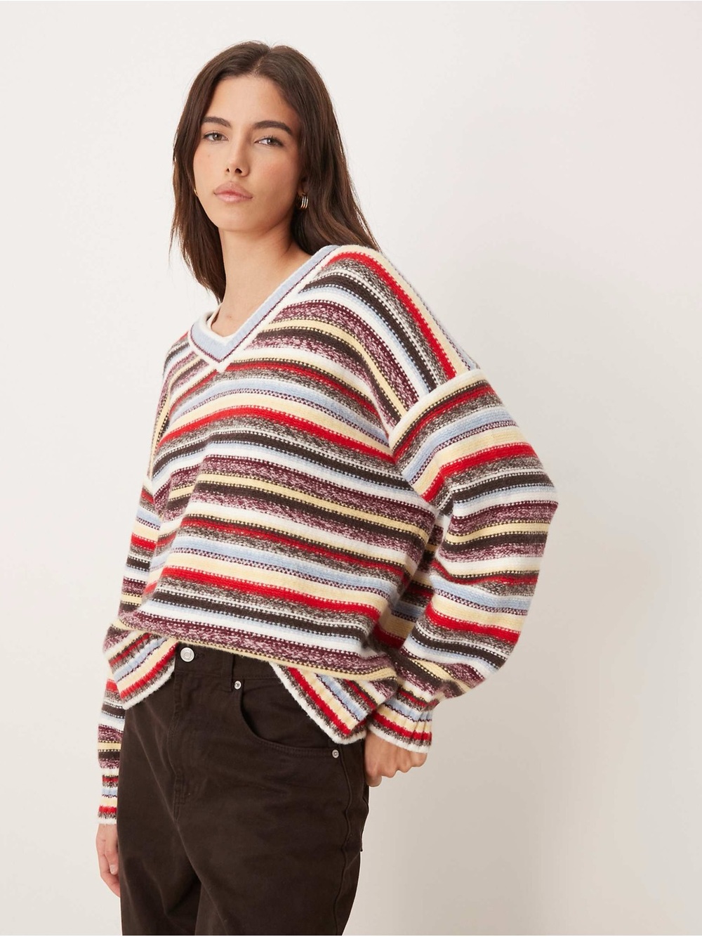 Abercrombie & Fitch Multi-Stripe V-Neck Sweater — Red, Blue, Cream, Brown